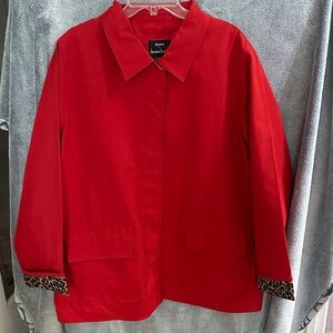 Dennis Basso Red Trench Coat with Leopard Accents